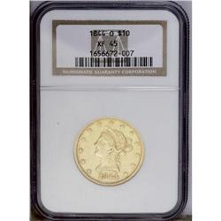 1844-O $10 XF45 NGC. This straw-gold New Orleans eagle