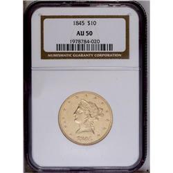1845 $10 AU50 NGC. Luster outlines design recesses, an