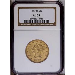 1847-O $10 AU55 NGC. This green-gold O-mint No Motto p