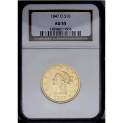 1847-O $10 AU55 NGC. This straw-gold O-mint No Motto t