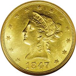 1847-O $10 AU58 NGC. Breen-6881. The base of the 18 is