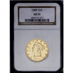 1848 $10 AU55 NGC. A shield ring rests atop the second