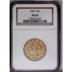 1853 $10 AU55 NGC. This original golden-brown No Motto