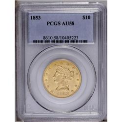 1853 $10 AU58 PCGS. Yellow-gold patination displays su