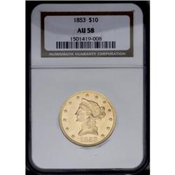 1853 $10 AU58 NGC. This partly lustrous piece is sharp