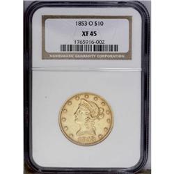 1853-O $10 XF45 NGC. A nicely struck scarce date New O