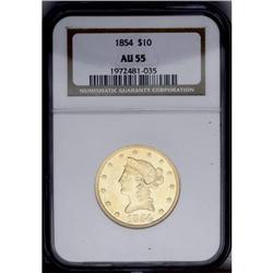 1854 $10 AU55 NGC. A moderately abraded No Motto eagle