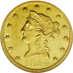 1854-O $10 Large Date AU53 NGC. This variant was first