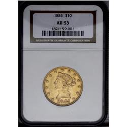 1855 $10 AU53 NGC. Glimmers of peach-tinged luster dom