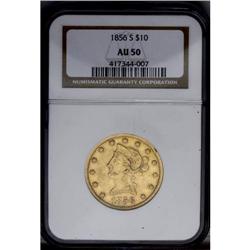 1856-S $10 AU50 NGC.From The Steve Glenn Collection.