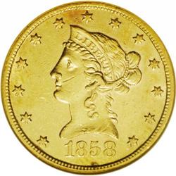 1858-S $10 AU55 NGC. A sharply struck coin that retain