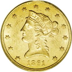 1861 $10 AU58 PCGS. A pretty copper-gold, lightly circ