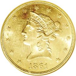 1861 $10 MS61 NGC. Crisply struck with appealing yello