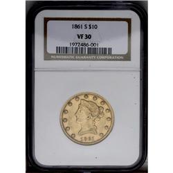 1861-S $10 VF30 NGC. Traces of luster cling to this ch