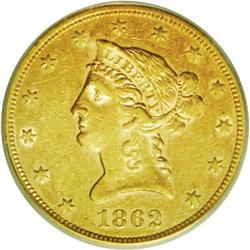 1862 $10 AU50 ICG. The color is a rich burnt orange an