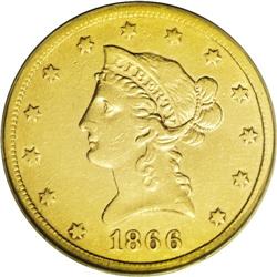 1866-S $10 No Motto--Improperly Cleaned--NCS. XF Detai