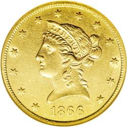 1866-S $10 No Motto AU53 NGC. This S-mint No Motto iss