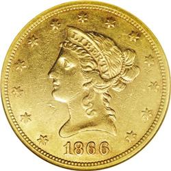 1866 $10 AU50 ANACS. This first-year issue of the With