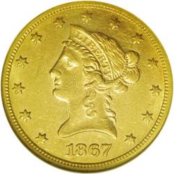 1867 $10 AU50 NGC. As with all P-mint eagles from this