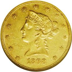1868 $10 AU58 NGC. The 1868 is scarce in all grades wi