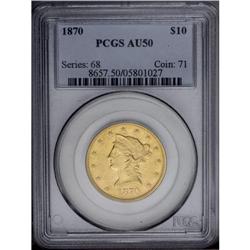 1870 $10 AU50 PCGS.From The Steve Glenn Collection.