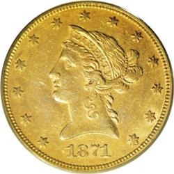 1871 $10 AU50 PCGS. A significant P-mint eagle, one of