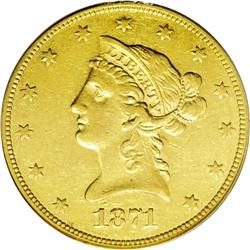 1871-CC $10 XF40 PCGS. A pleasing green-gold example o