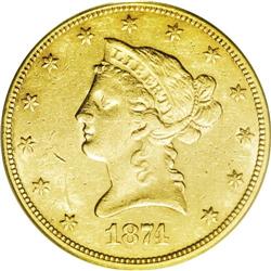 1874-CC $10 AU55 PCGS. Variety 1-A. An issue generally