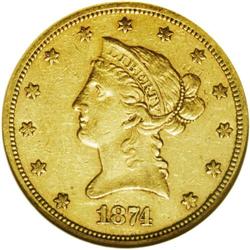 1874-S $10 XF45 NGC. Rarer even than its mintage of 10