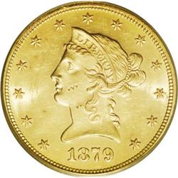 1879-S $10 MS62 PCGS. A pinpoint-sharp piece with some