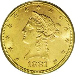 1881-S $10 MS63 PCGS. Rich golden-orange color with le