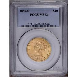 1887-S $10 MS62 PCGS. Apricot-gold surfaces with touch