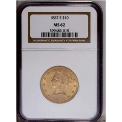 1887-S $10 MS62 NGC. Apricot-gold surfaces reveal some