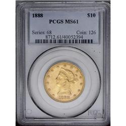 1888 $10 MS61 PCGS. Numerous small marks frequent the