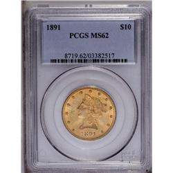 1891 $10 MS62 PCGS. This sharply struck, low mintage L