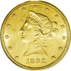 1892-CC $10 MS61 PCGS. Under a loupe, myriad small abr