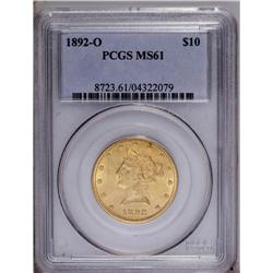 1892-O $10 MS61 PCGS. Lustrous peach-gold surfaces dis