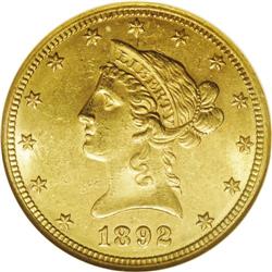 1892-O $10 MS62 NGC. Hazy gold-gray patina over lustro