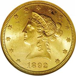 1892-S $10 MS63 NGC. Fully lustrous surfaces with rich