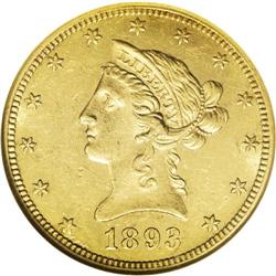 1893-CC $10 Prooflike AU58 NGC. Bright and slightly re