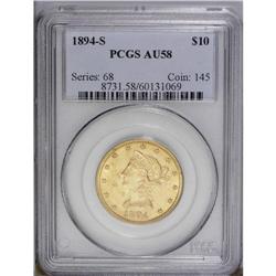 1894-S $10 AU58 PCGS. A well struck eagle with substan