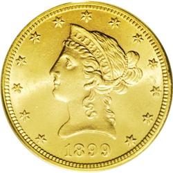 1899 $10 MS64 PCGS. A gorgeous sunrise-gold Choice Lib