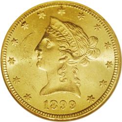 1899-S $10 MS63 NGC. A frosty coin that retains ample