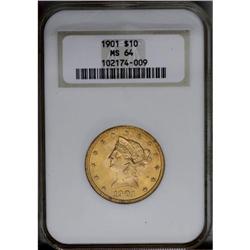 1901 $10 MS64 NGC. A beautiful apricot-gold near-Gem.
