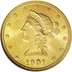 1901 $10 MS65 NGC. The outstanding mint frost and rose