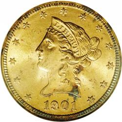 1901 $10 MS65 NGC. An original peach-gold Liberty eagl