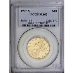 1907-S $10 MS62 PCGS. Well struck, lustrous, and clean