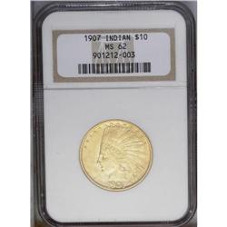 1907 $10 No Motto MS62 NGC. This lemon-gold introducto