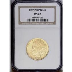 1907 $10 No Motto MS62 NGC. Lustrous apricot-gold surf