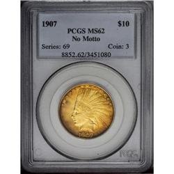 1907 $10 No Periods MS62 PCGS. One of the most visuall